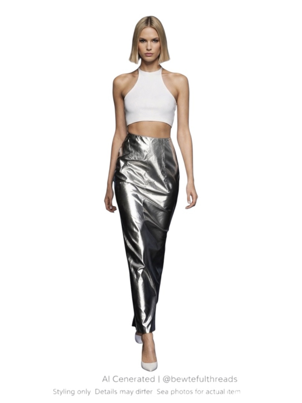 Metallic Silver Maxi Pencil Skirt Back Slit Futuristic Minimalist Sz 4
